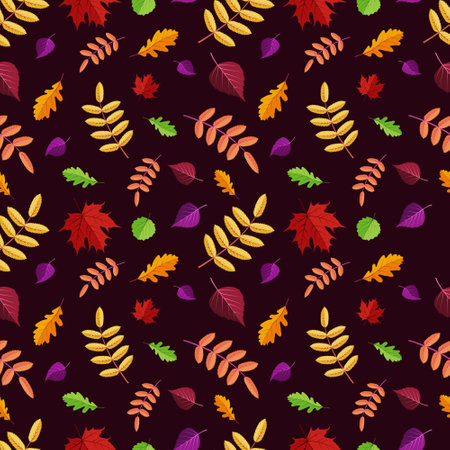 autumn seamless pattern on a dark background, autumn leaves, vector illustrationのイラスト素材