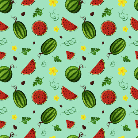 Seamless pattern with whole watermelons and slices, flowers on a green background. Vector illustrationのイラスト素材