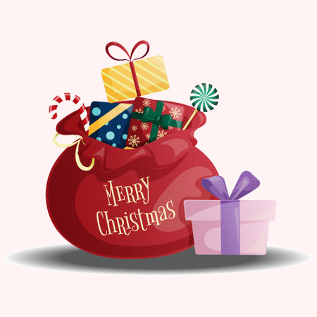 An open red bag with gifts and sweets. The Santa Claus bag. Greeting card, holiday poster, party invitations. New Year. Vector illustrationのイラスト素材