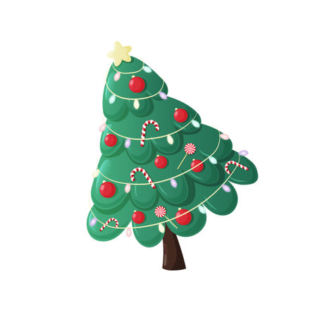 Christmas tree decorated with red balls, garland lights, golden star, candy. Spruce, evergreen tree. Greeting card, festive poster, party invitations. New year. Vector illustrationのイラスト素材