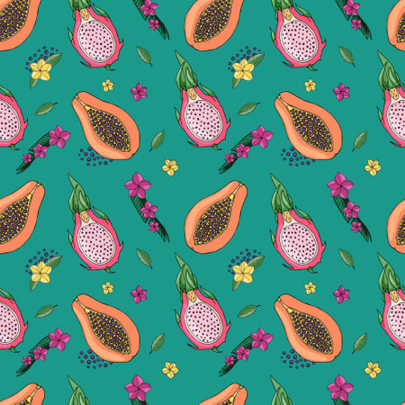 Delicious tropical fruits bright seamless pattern Vector design pattern, hand drawing, papaya, pitaya, kaimito, guavaのイラスト素材