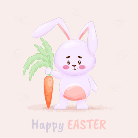 A cute, happily smiling rabbit with a carrot. Adorable funny animals with cartoon vector illustration. Easter Postcardのイラスト素材
