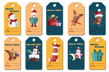 A set of New Year and Christmas tags. Funny Santa Claus, happy cute reindeer and a snowman. Vector illustrationのイラスト素材