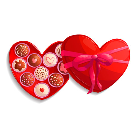 A red box of heart-shaped chocolates on a white background. The concept of romance, love, and Valentines Day. Isolated vector illustrations for posters, banners, postcards, invitations and covers.のイラスト素材