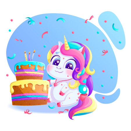 A cute smiling unicorn next to a cake with candles. A charming animal with a bright mane and a golden horn on a blue background. Vector illustration for design, prints and patterns.のイラスト素材