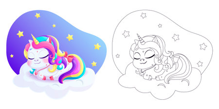 A cute unicorn sleeps on a cloud. A page of a childrens coloring book. A black outline on a white background. Vector isolated illustration with a colorful template. For coloring, printing, and designのイラスト素材