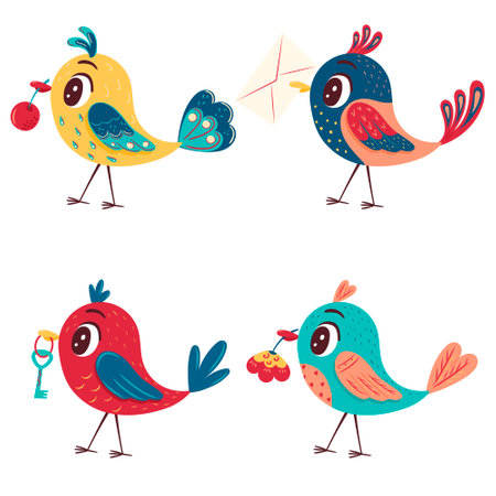 A set of cute bright spring birds with a flower, a letter, a key, and a berry in their beak. A collection of spring elements for decorating postcards, clothes, stickers. Isolated vector illustration.のイラスト素材