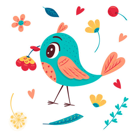 Cute bright spring bird with a flower in its beak, flowers, leaves, twigs, berries. A collection of spring elements for decorating postcards, clothes and posters. Isolated vector illustration.のイラスト素材