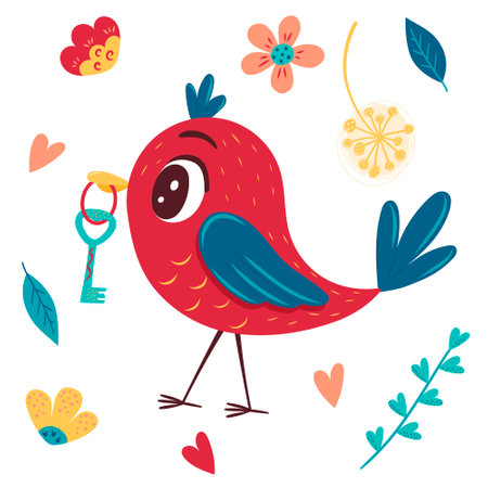 Cute bright spring bird with a key in its beak, flowers, leaves. A collection of spring elements for decorating postcards, clothes, stickers and posters. Isolated vector illustration.のイラスト素材