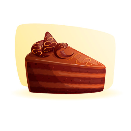 A piece of chocolate sponge cake on a yellow background. The concept of pastry shop, baking, holiday, birthday. Isolated vector illustration for the design of postcards, posters, banners and posters.のイラスト素材