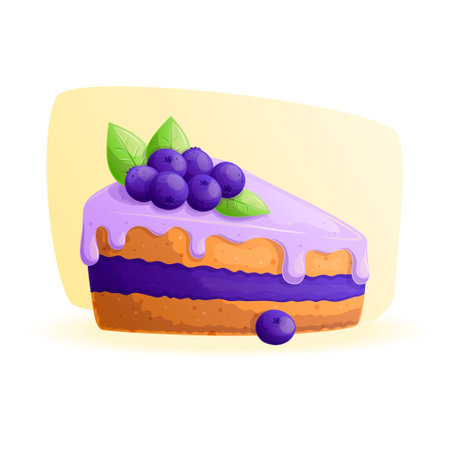 A piece of blueberry sponge cake on a yellow background. The concept of pastry shop, baking, holiday, birthday. Isolated vector illustration for the design of postcards, clothing, banners and posters.のイラスト素材
