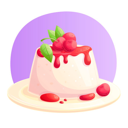 Panna cotta with cherries on a plate. The concept of a pastry shop, cakes and a traditional Italian dessert. Isolated vector illustration for the design of postcards and posters.のイラスト素材