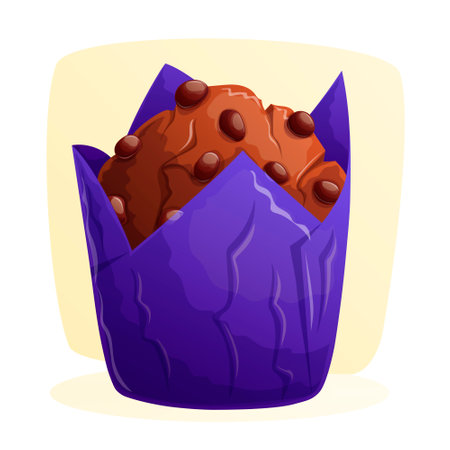 Delicious chocolate cupcake with pieces of chocolate in parchment on a yellow background. The concept of confectionery, baking, cooking. Vector illustration for the design of menus, posters, bannersのイラスト素材