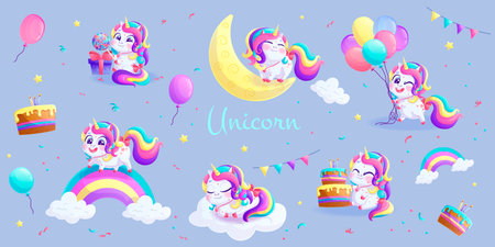 A set of cute unicorns in different poses with different accessories. A charming animal with a bright mane and a golden horn. Isolated vector illustration for design, prints and patterns.のイラスト素材