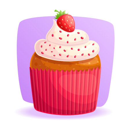Delicious cupcake decorated with cream, sprinkles and strawberries on a purple background. The concept of confectionery, baking, cooking. Vector illustration for the design of menus, posters, bannersのイラスト素材