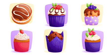 A set of delicious cupcakes and muffins with various decorations. The concept of confectionery, baking, cooking. Isolated vector illustration for the design of menus, posters, banners, coversのイラスト素材