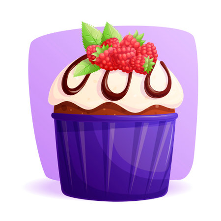 A delicious cupcake decorated with icing, chocolate and raspberries on a purple background. The concept of confectionery, baking, cooking. Vector illustration for the design of menus, banners,のイラスト素材