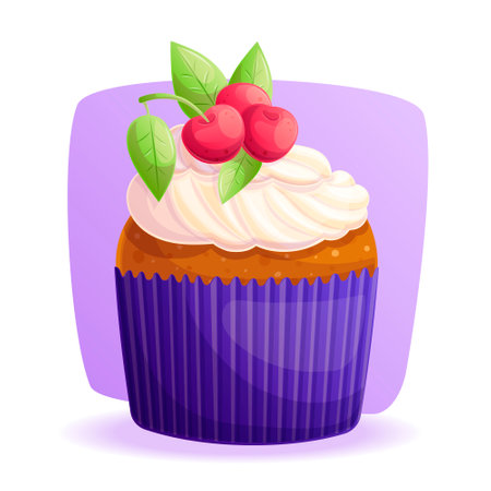 A delicious cupcake decorated with cream and cherries on a purple background. The concept of confectionery, baking, cooking. Vector illustration for the design of menus, posters, banners, coversのイラスト素材