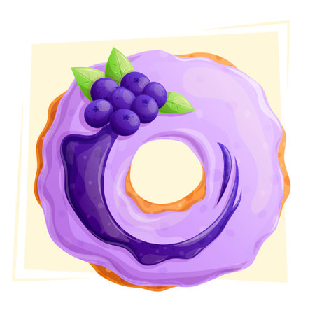 Delicious blueberry doughnut on a yellow background close-up. The concept of confectionery, baking, cooking. Isolated vector illustration for the design of menus, posters, banners, coversのイラスト素材