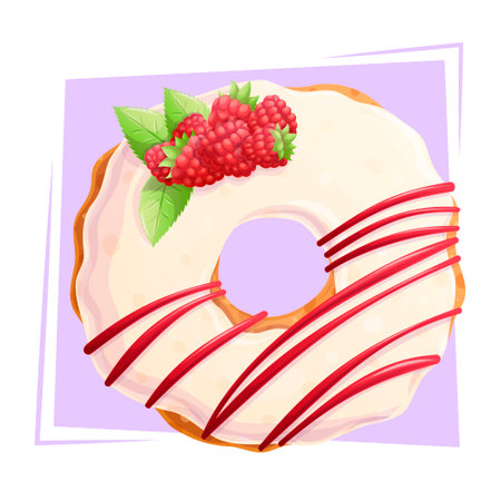 Delicious donut with raspberries on a purple background close-up. The concept of confectionery, baking, cooking. Isolated vector illustration for the design of menus, posters, banners, coversのイラスト素材