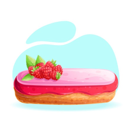 Delicious eclair with custard and raspberries on a blue background close-up. The concept of...