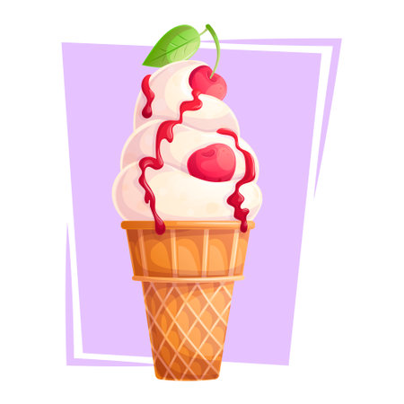 A waffle cup of delicious ice cream with cherries and syrup on a purple background. The concept of confectionery, baking, cooking. Isolated vector illustration for menu design, posters, bannersのイラスト素材