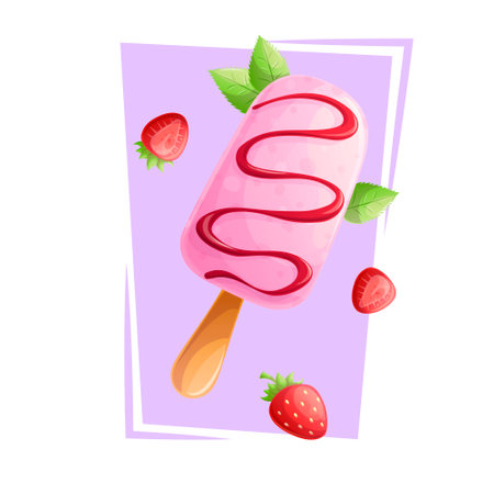 Ice cream covered with berry glaze on a stick on a purple background. The concept of confectionery, baking, cooking. Isolated vector illustration for menu design, posters, banners, coversのイラスト素材