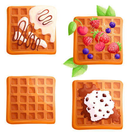 A set of delicious waffles with fresh berries, chocolate, cottage cheese and ice cream on a purple background. The concept of confectionery, baking, cooking. Isolated vector illustrationのイラスト素材