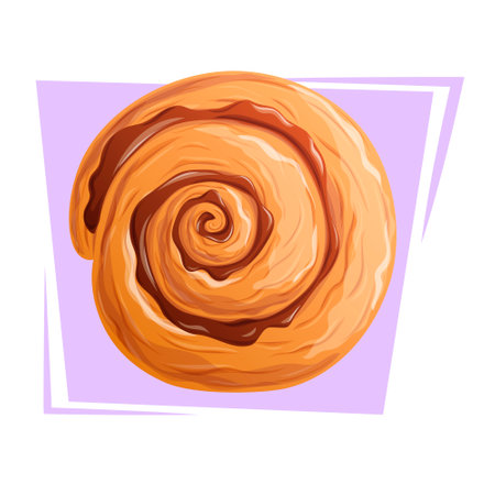Delicious sweet bun with chocolate on a purple background. The concept of confectionery, baking, cooking. Isolated vector illustrations for menu design, posters, banners, coversのイラスト素材