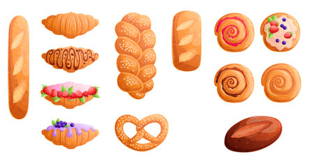 A set of various pastries on a white background. View from above. The concept of confectionery, baking, cooking. Isolated vector illustrations for menu design, posters, banners, coversのイラスト素材