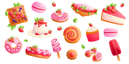 A set of delicious strawberry desserts on a white background. The concept of confectionery, baking, cooking. Isolated vector illustrations for menu design, posters, banners, coversのイラスト素材