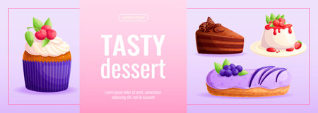 Promo banner for a dessert, confectionery, and cooking store. Vector illustration for posters,...