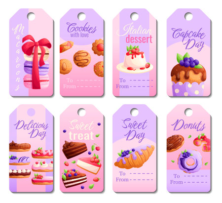 A set of tags for delicious pastries. Panna cota, croissant, muffin, cake, cookies, macaroons, eclairs, donuts. The concept of sweets, desserts, and holidays. Vector illustration for labels.のイラスト素材
