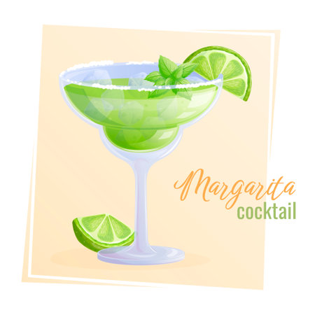 Alcoholic cocktail margarita in a glass, ice, mint, lime slice. The concept of a party, cocktail bar. Isolated vector illustration for menu design, posters, banners, coversのイラスト素材
