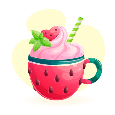 Delicious dessert in a watermelon cup on a yellow background. The concept of confectionery, baking, cooking. Isolated vector illustration for menu design, posters, banners, coversのイラスト素材
