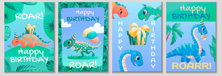 Set of childrens birthday greeting card with dinosaurs. The concept of a birthday party, celebration, congratulations, invitations. Vector illustration.のイラスト素材