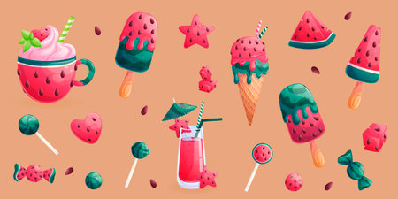 A set of delicious watermelon desserts and sweets on a pink background. The concept of...