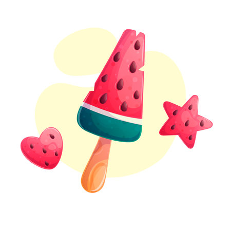 Delicious watermelon ice cream on a stick on a yellow background, triangular piece. The concept of confectionery, baking, cooking. Isolated vector illustration for menu design, posters, banner, coversのイラスト素材