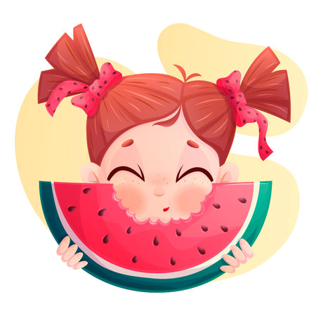 A sweet, contented girl holds a piece of watermelon. The concept of summer, childhood. Isolated vector illustration of the design of postcards, banners, advertisements, coversのイラスト素材