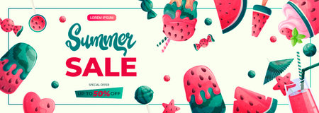 Promo banner with various watermelon sweets and desserts. The concept of summer, summer sale. Vector illustration for posters, banners, advertisements, flyersのイラスト素材