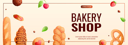 A template for a promotional banner for a bakery commercial. Various types of fresh pastries. The concept of confectionery, cooking. Vector illustration for posters, banners, flyersのイラスト素材