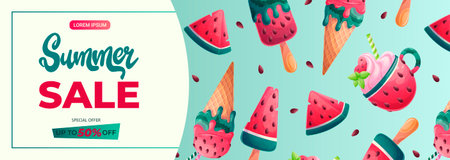 Promo banner with various watermelon sweets and desserts. The concept of summer, summer sale. Vector illustration for posters, banners, advertisements, flyersのイラスト素材