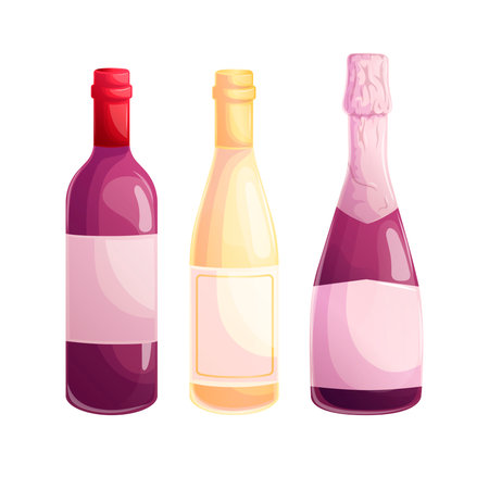 A set of bottles of wine, champagne, grape product. Isolated vector illustrations for posters, banners, restaurant menusのイラスト素材