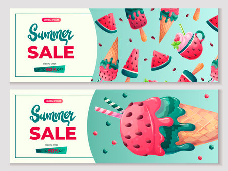 A set of promo banners with various watermelon sweets and desserts. The concept of summer, summer sale. Vector illustration for posters, banners, advertisements, flyersのイラスト素材