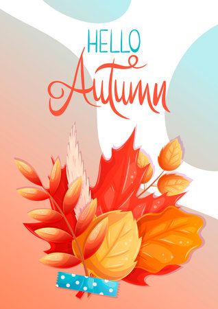 A greeting card template with a bouquet of leaves. Maple, oak, mountain ash. Vector illustration for seasonal design of postcards, invitations, backgrounds, posters.のイラスト素材