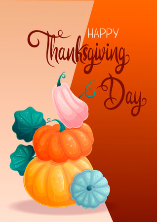 A greeting card template with colorful pumpkins standing on top of each other. Happy Thanksgiving Day. Vector illustration for seasonal design of banners, posters, promotions, advertisements.のイラスト素材