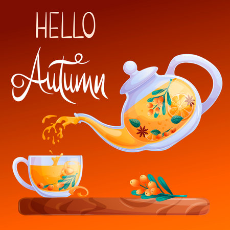 Square autumn postcard with a cup and a kettle of sea buckthorn tea. Tea is poured from the kettle. Hello, autumn. Vector illustration for seasonal design of postcards, banners, posters and promotionsのイラスト素材