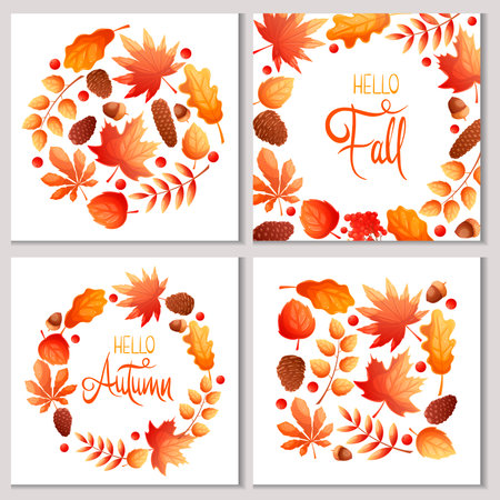 A set of decorative frames and backgrounds of colorful autumn leaves on a white background. "Hello autumn." "Hello fall." Vector illustration for the design of postcards, banners and posters.のイラスト素材