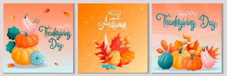 A set of square autumn postcards. Bouquet of autumn leaves, colorful pumpkins. Hello autumn. Happy Thanksgiving day. Vector illustration for seasonal design of postcards, banners, postersのイラスト素材