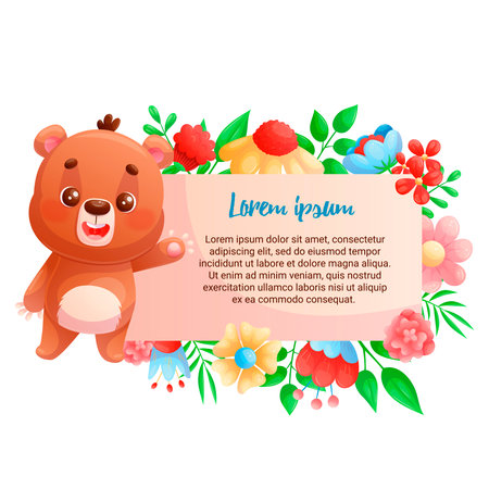 A poster design template with flowers and a cute funny bear waving its paw. Cartoon childrens vector illustration for the design of postcards, postcards, banners, postersのイラスト素材